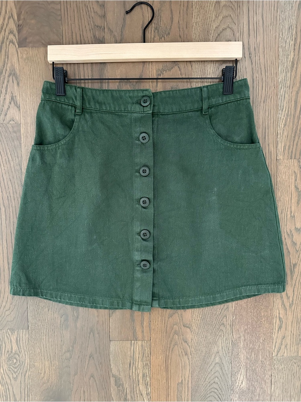 Jungmaven Vassar Button Front Cotton Mini Skirt in Forest Green Size Medium